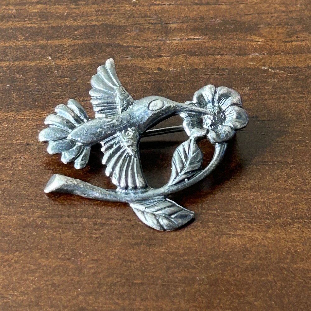 Brooch Pin Vintage Sterling Silver 925 Hummingbird Flower Antiqued Finish